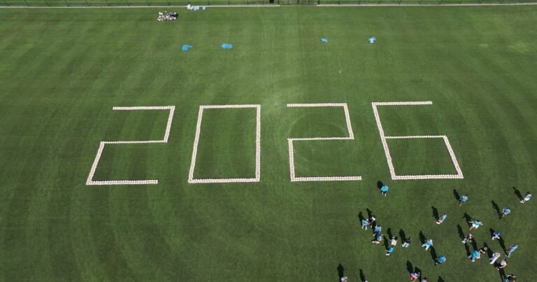 The year 2026 spelled out in soccer balls.
