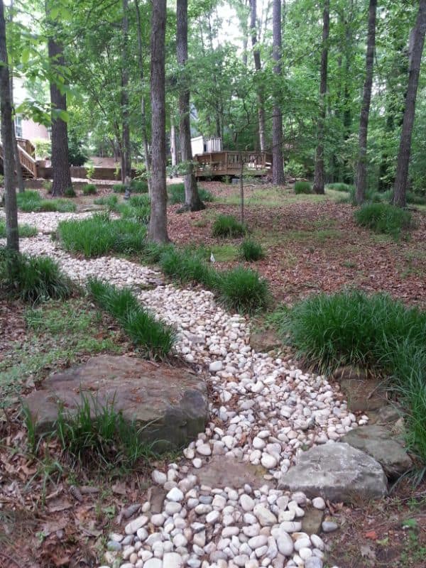 Stone dry creek bed design for natural landscaping with lush greenery and mature trees in backyard landscape by John Russell Landscape Architect.