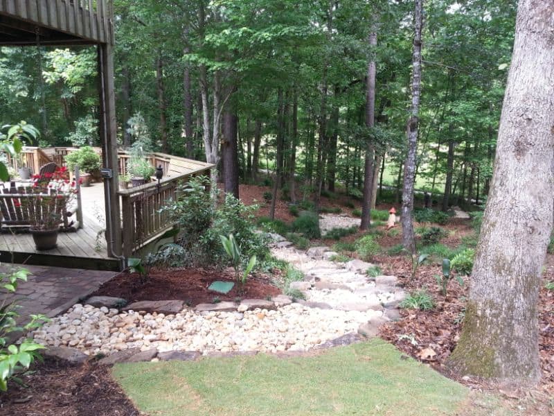 Natural wooded landscape with stone pathway, wooden deck, and lush greenery, designed by John Russell Landscape Architect for outdoor natural beauty and environmental harmony.