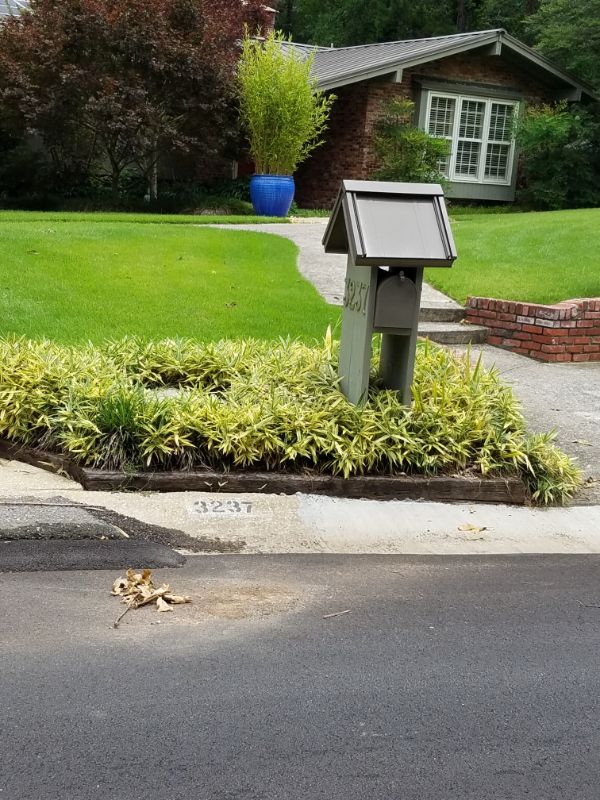 Mailbox on manicured lawn with landscape design, residential garden, and lush greenery, showcasing professional landscape architecture services.