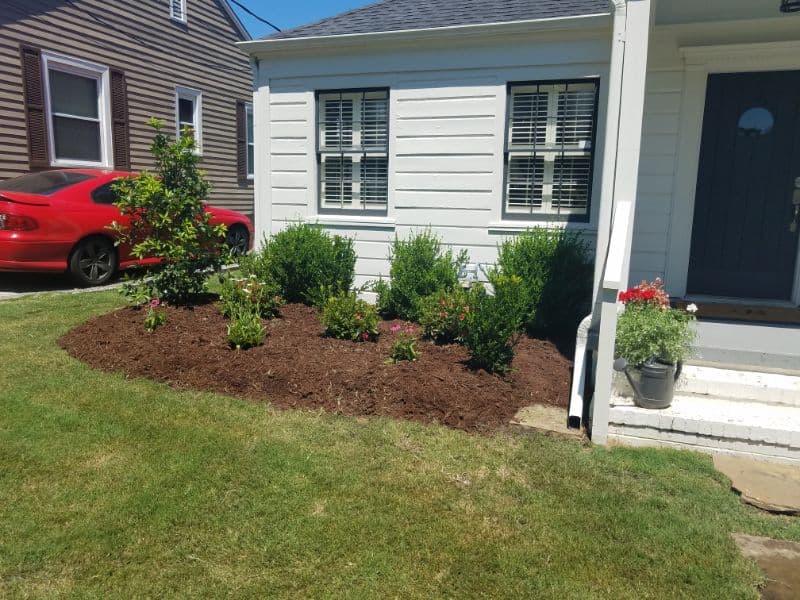 Landscaped front yard with shrubbery and flower beds, residential garden design by John Russell Landscape Architect.