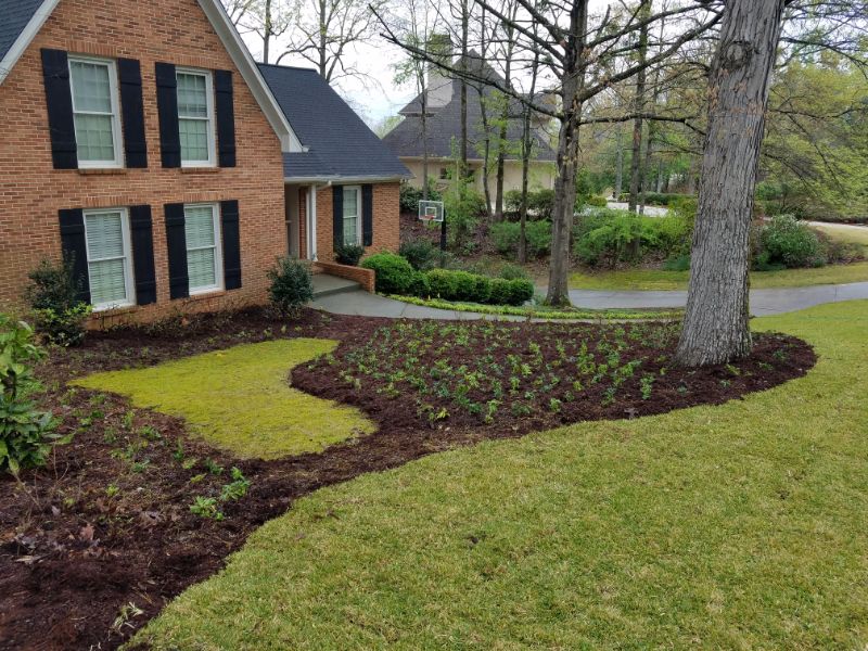Lush landscape design featuring garden beds and manicured lawn in front of a brick house with mature trees and a basketball hoop, showcasing professional residential landscape architecture.