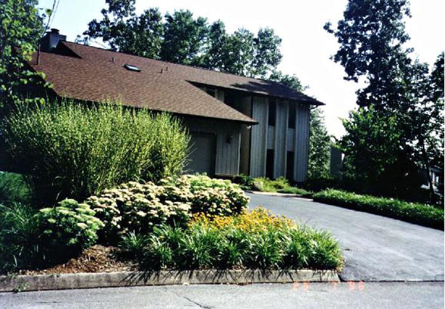 Lush landscape garden with flowering plants and shrubs in front of a modern home, designed by John Russell Landscape Architect.