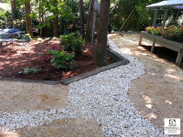 Natural landscape garden design with gravel pathway and shrub bed by John Russell Landscape Architect.