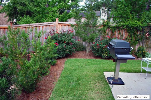 Lush landscaped backyard with vibrant flowering bushes, a well-maintained lawn, and a modern grill area, showcasing expert landscape design by John Russell Landscape Architect.