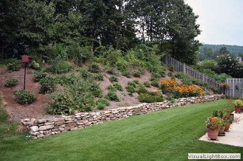 Lush landscaped backyard with tiered garden beds, stone retaining wall, vibrant flowering plants, and a well-maintained lawn designed by John Russell Landscape Architect.