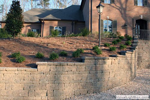 Landscape design with retaining wall, shrubbery, and lighting, showcasing John Russell Landscape Architect's expertise in residential landscape architecture and outdoor living spaces.