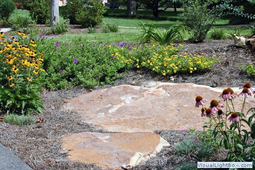 Colorful garden landscape with vibrant flowers, lush greenery, and natural stone path, showcasing professional landscape design by John Russell Landscape Architect in an outdoor setting.