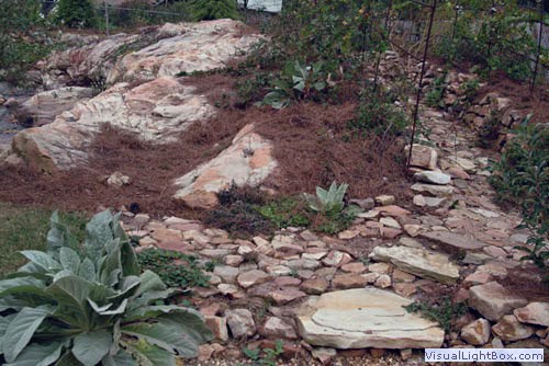 Rugged natural stone pathway in a landscaped garden designed by John Russell Landscape Architect, featuring border plantings and organic terrain.