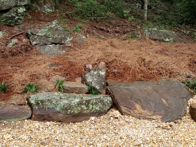 Natural stone landscape design with lush greenery and mulch accents, created by John Russell Landscape Architect.