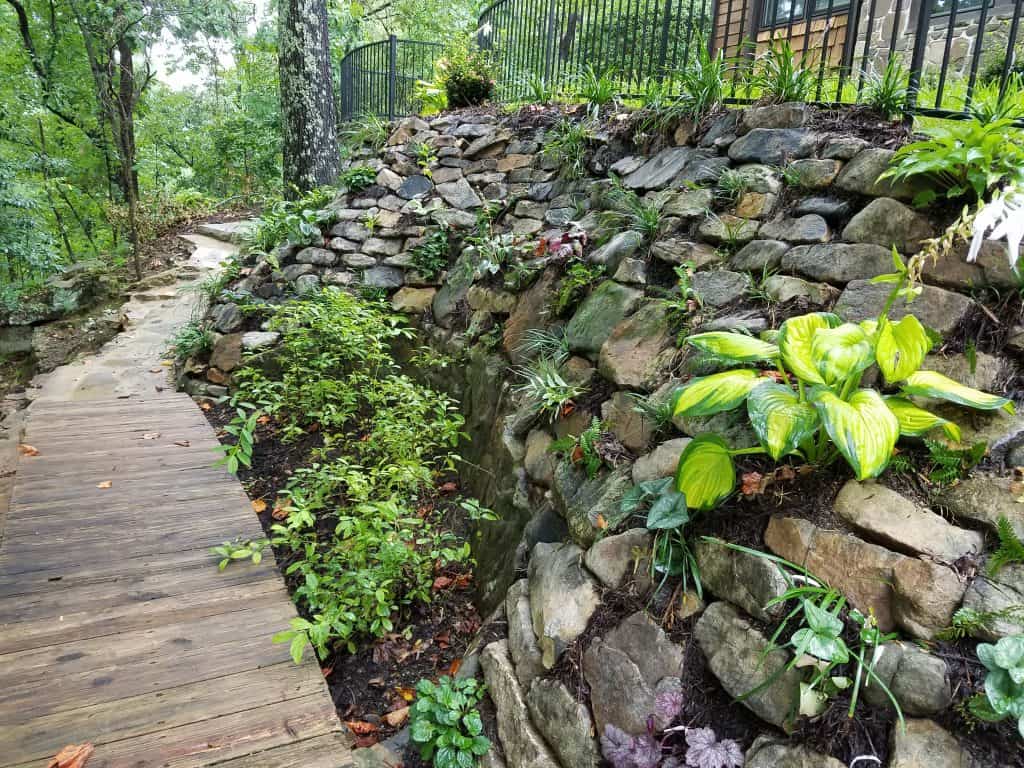 Lush landscaping with stone retaining wall and wooden pathway in a serene garden setting by John Russell Landscape Architect.