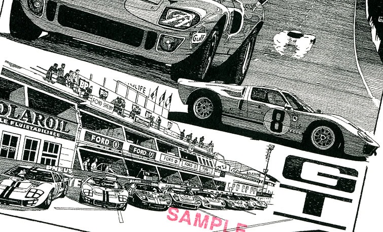 Pen and ink drawing of Ford GT-40 racing at Le Mans by John Thow