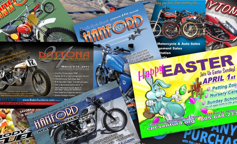 A colorful assortment of professionally designed promotional postcards by J. Thow featuring creative layouts and marketing messages.