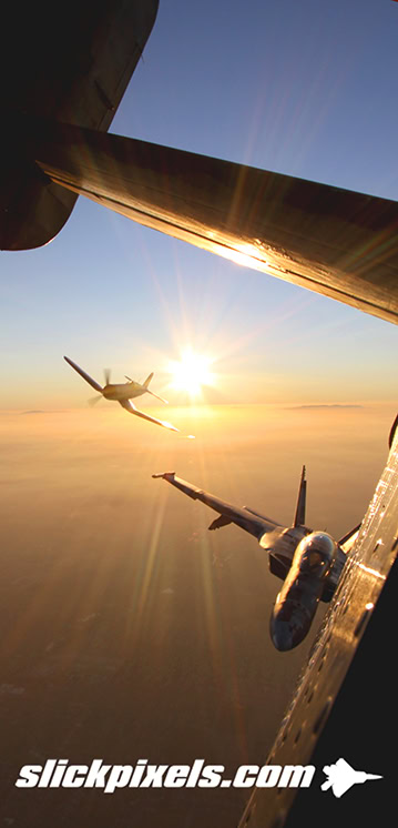 B-25 Mitchell “Executive Sweet” flies at sunset near NAS Lemoore, trailing Navy FA-18F Super Hornet and F4U Corsair — photo by J. Thow