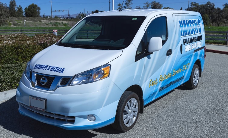 Hansen's Plumbing company van wrap profile by John Thow, featuring the company logo contact info and slogan.