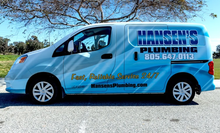 Hansen's Plumbing company van wrap profile by John Thow, featuring the company logo contact info and slogan.