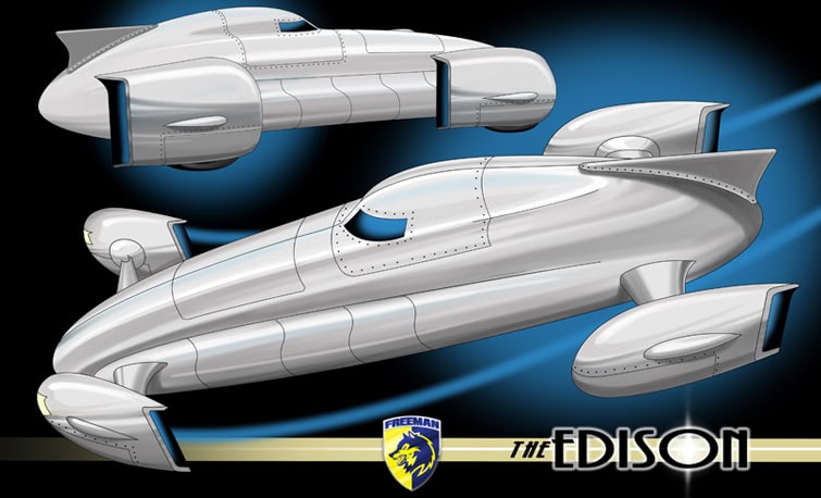 Concept rendering of the Edison concept car created by John Thow for Freeman Automotive, featuring a retro-style electric racer design