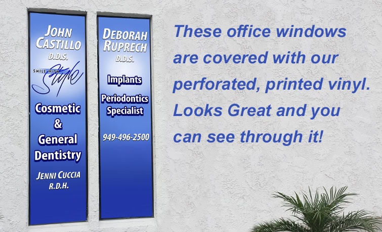 Perforated vinyl window signs on dental office exterior, designed by J. Thow