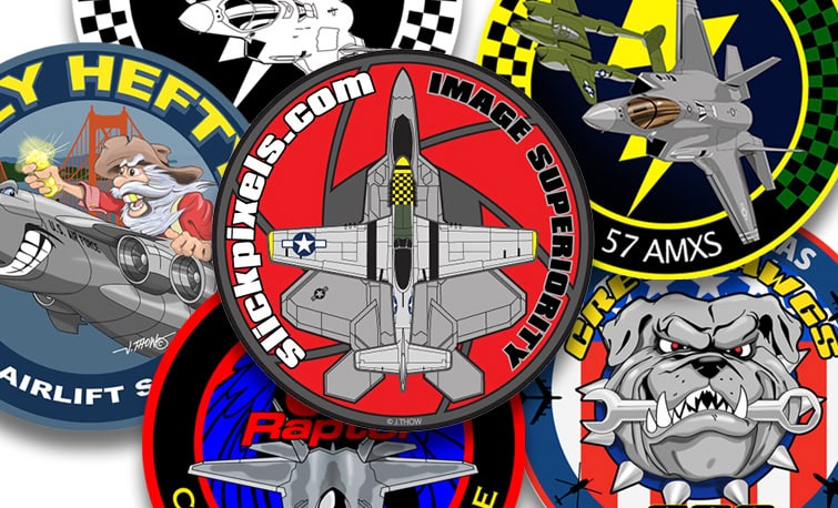 Custom squadron logos, stickers, and patches designed by J. Thow