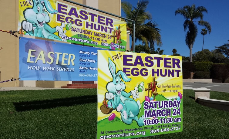 Outdoor vinyl banners and color yard signs by J. Thow Designs for a powerful promotional combination.