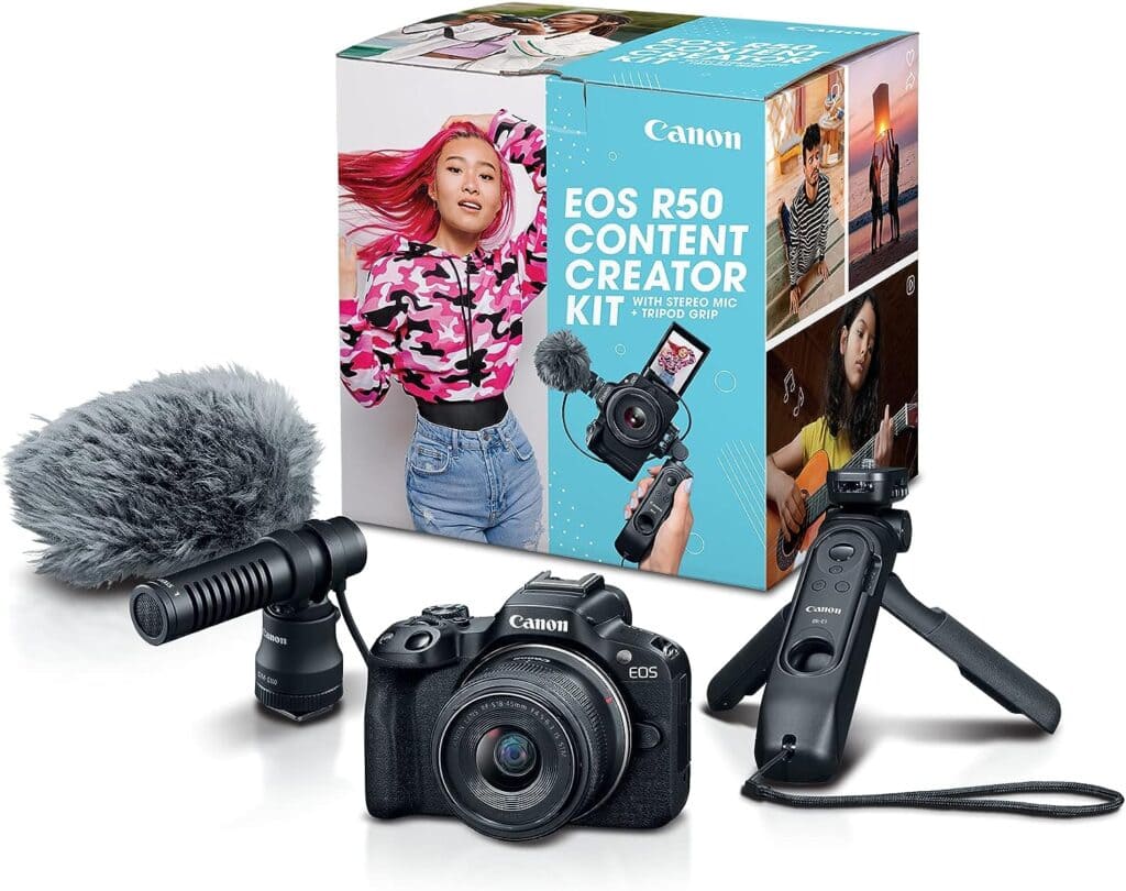 Canon EOS R50 Content Creator Kit product image, including camera, lens, and accessories, linked through an Amazon affiliate link