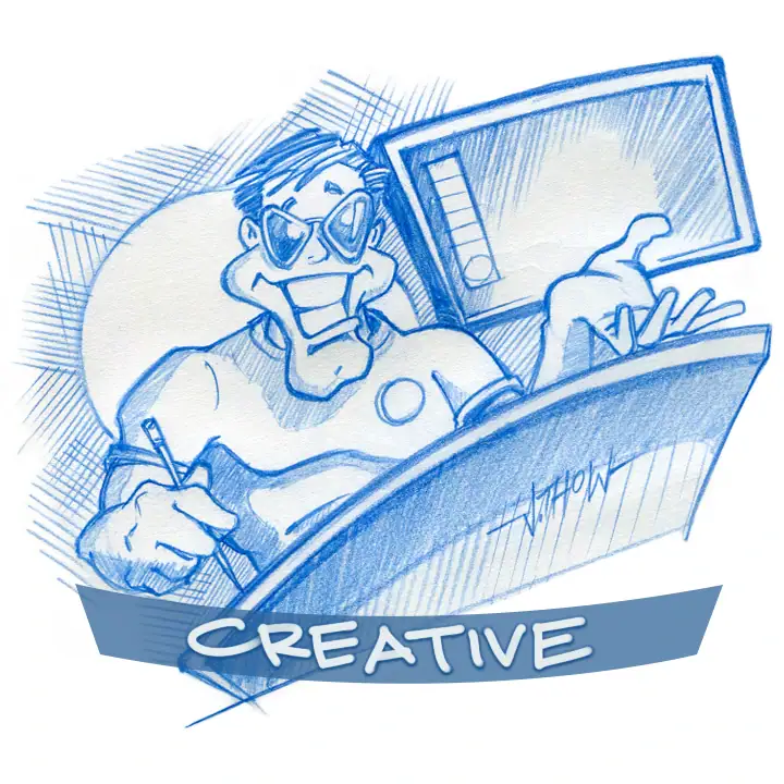 Sketch of 'Slick' cartoon avatar sitting at a drawing table with a pencil in hand and a computer screen behind, linking to the Creative Services section, designed by J. Thow
