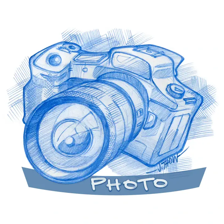 Exaggerated sketch-style icon of a camera, representing the Photography section of the website, illustrated by J. Thow