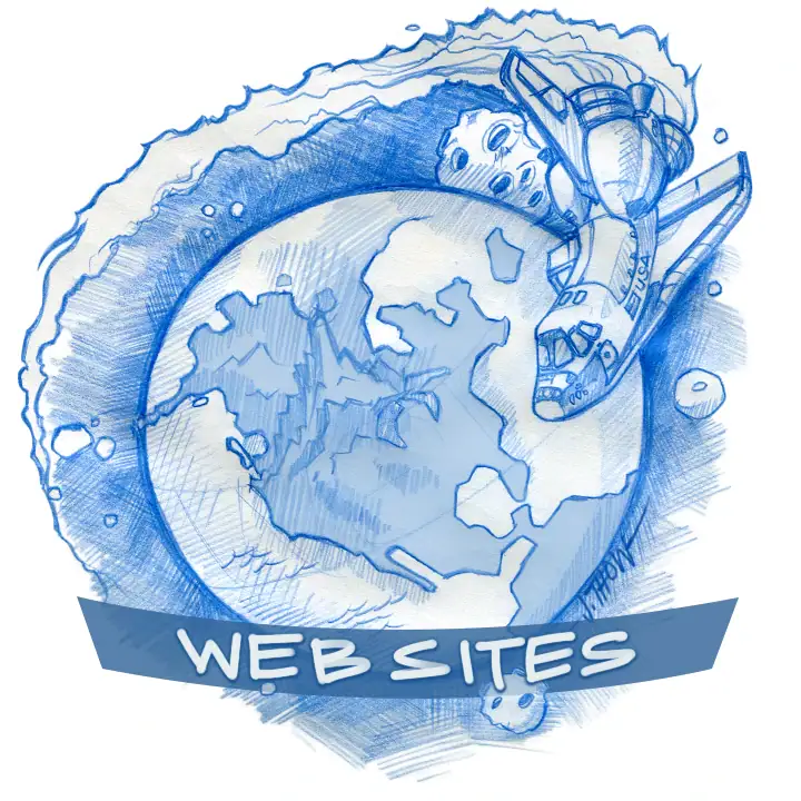 Cartoon-style sketch of a space shuttle orbiting a stylized globe, symbolizing the World Wide Web and linking to the Website Design section, illustrated by J. Thow