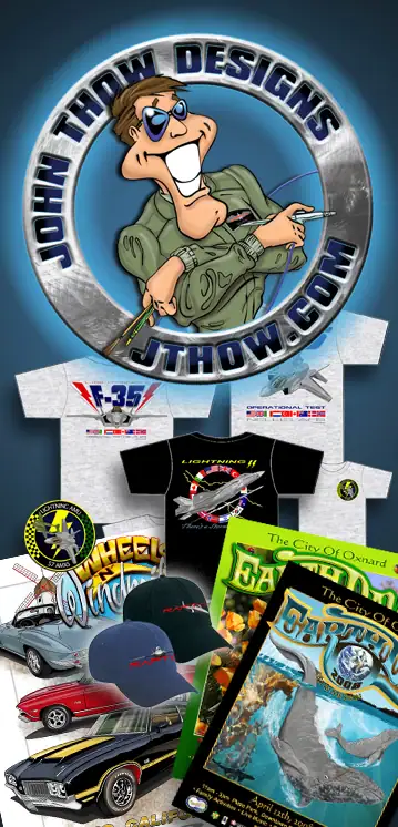 Collection of J. Thow Design products including custom T-shirts, embroidered hats, logo design, event posters, and illustrations