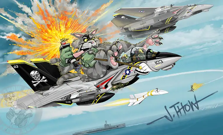 Anytime Baby' – Cartoon-style illustration by J. Thow showing a giant Tomcat character riding a Jolly Rogers F-14, firing a Phoenix missile at a MIG-29, with explosions and a second Tomcat in the background, USS Theodore Roosevelt on the horizon.