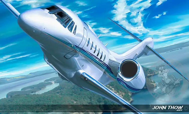 "Corporate Eagle" digital painting by J. Thow featuring a Cessna Citation X jet climbing above Stewart Island near Victoria, Canada with Puget Sound visible on the horizon