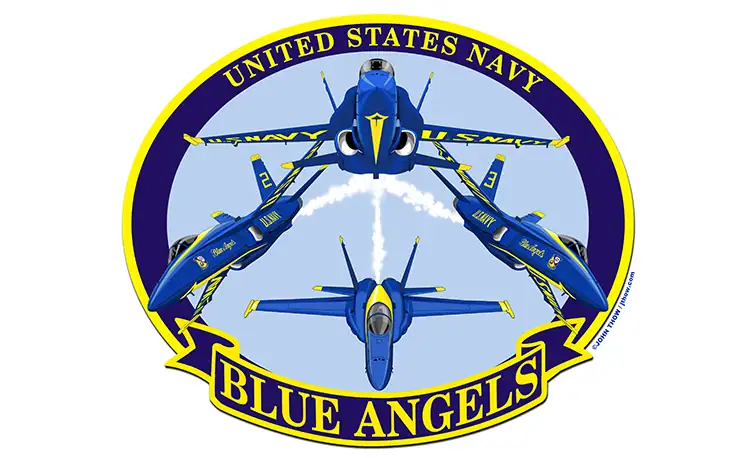 Logo and patch design for the U.S. Navy Blue Angels showing four jets in a diamond break formation from a head-on view