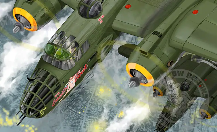 Illustration by J. Thow of three B-25 Mitchell bombers over WWII Tokyo, featuring 'Executive Sweet' at center, commemorating the Doolittle Raiders’ 70th anniversary