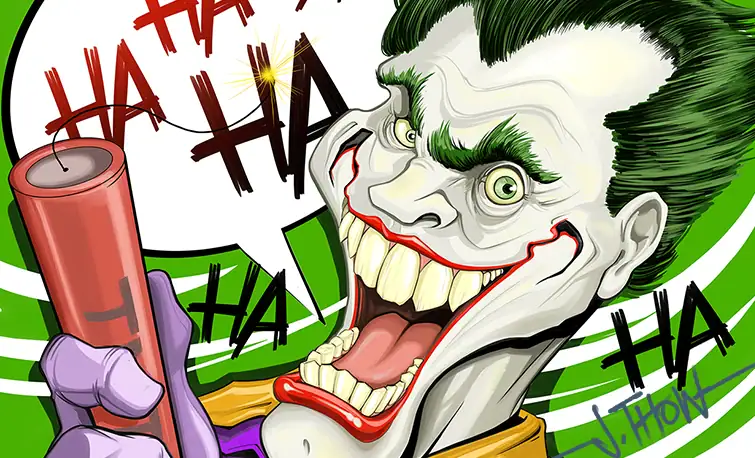 Comic-style illustration by J. Thow of DC Comics’ Joker holding a stick of dynamite, titled "You'll Get a Bang Out of This One"