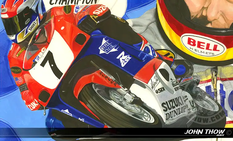 Commissioned illustration by J. Thow featuring Jason Pridmore on his AMA Championship bike with Reg Pridmore in the background, checkered flag backdrop, and number plates