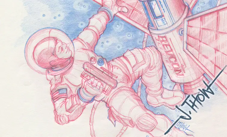 Sketch by J. Thow of an astronaut in space repairing a satellite, drawn in red and blue pencil