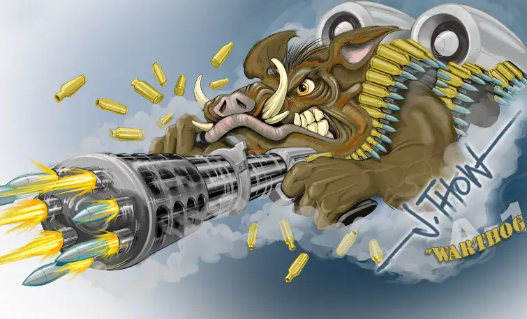"Warthog Wild" illustration by J. Thow features an angry cartoon warthog with twin jet engines firing the GAU-8/A cannon, inspired by the A-10 Thunderbolt II