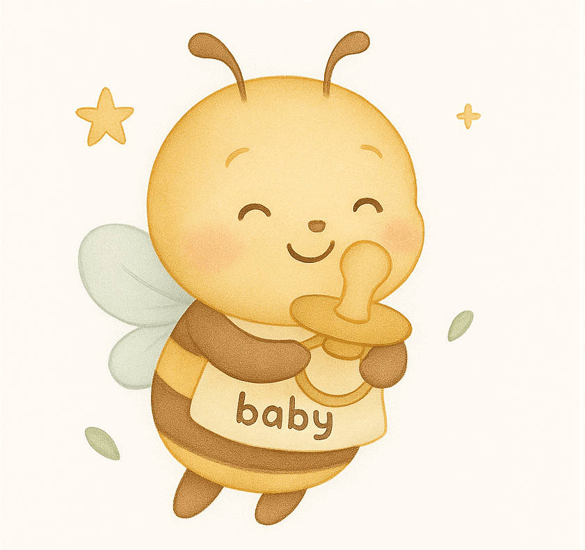 imagem de uma abelha super fofa, com babete e uma chupeta na mão