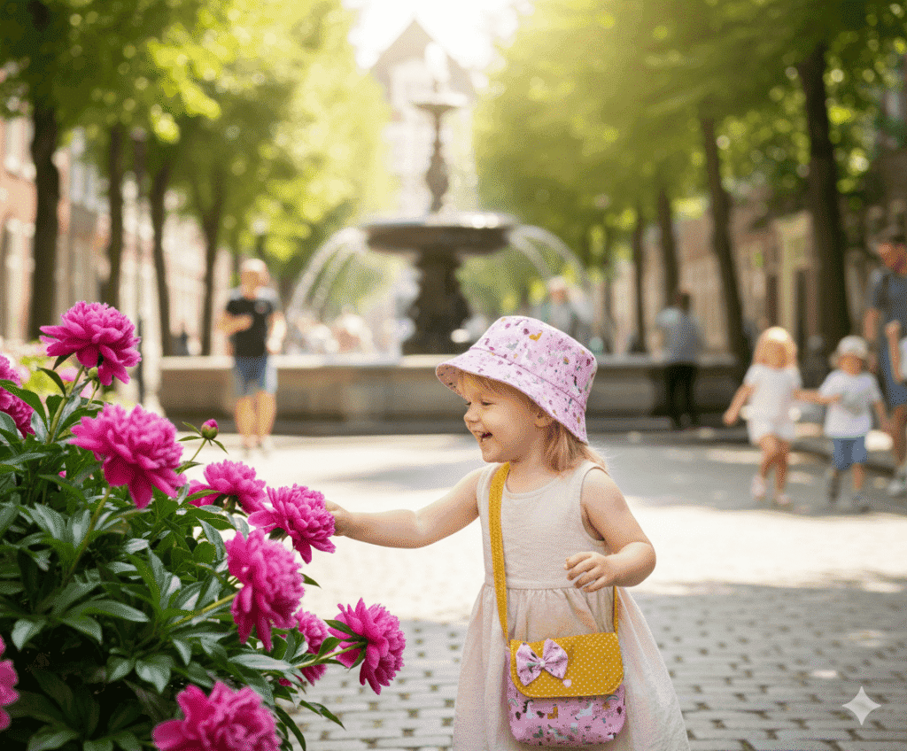 conjunto infantil bolsa tiracolo e chapéu floral feito à mão Just Bee a Kid