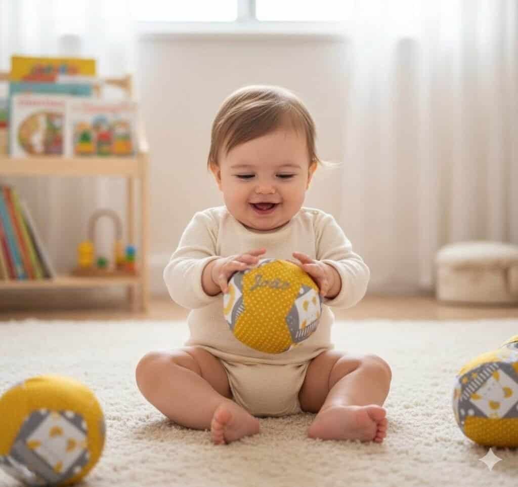 bebé sorridente a brincar com a bola sensorial artesanal