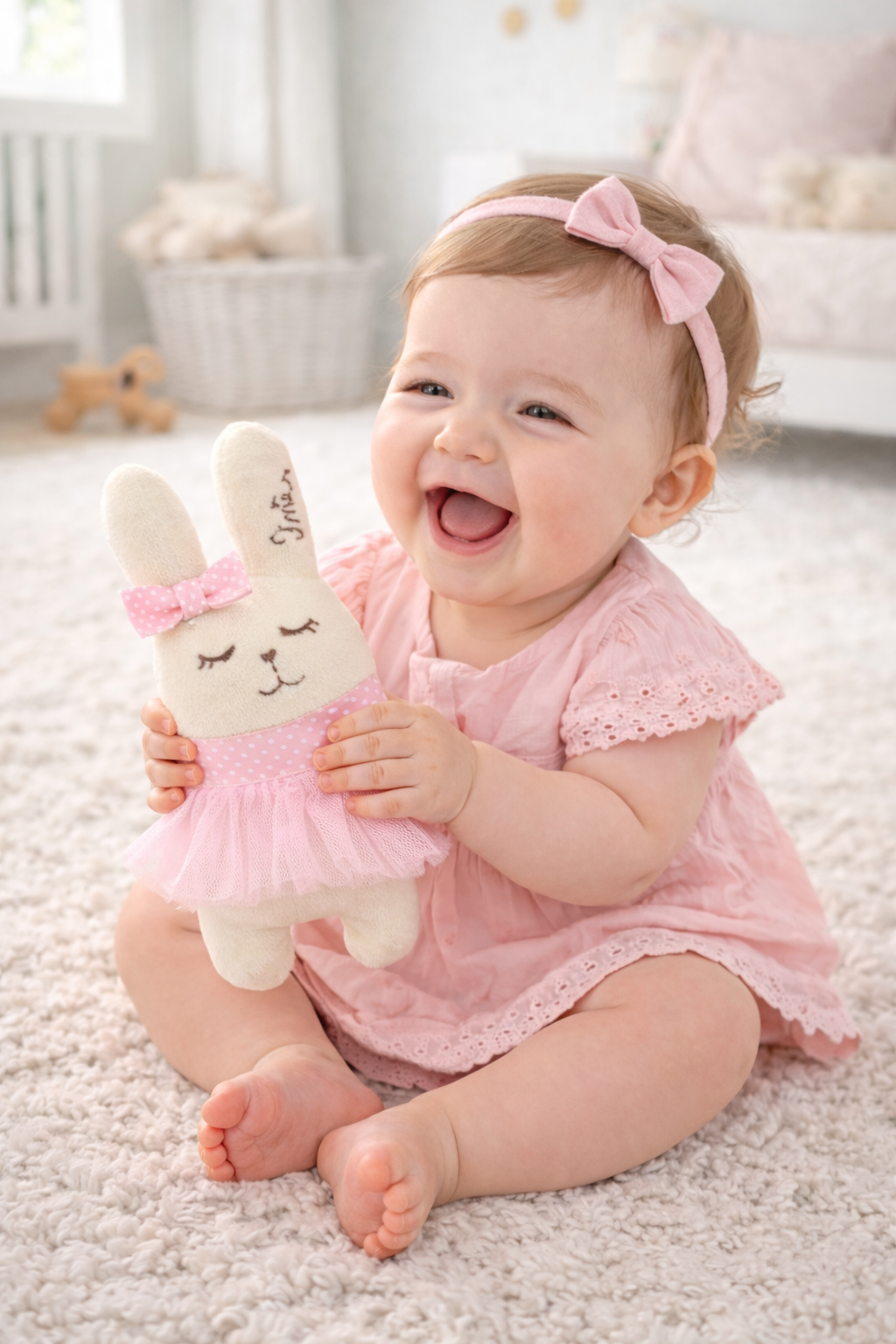 Chocalho para bebé coelhinho artesanal com nome bordado