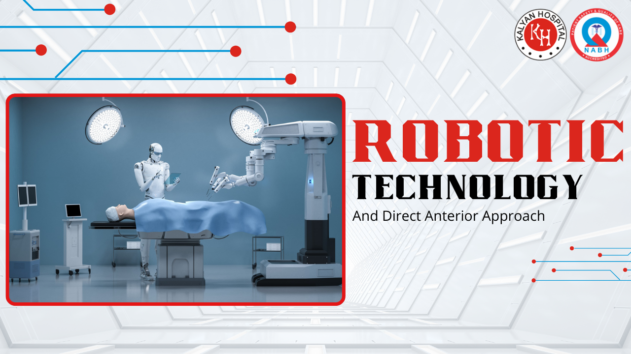 Robot-assisted surgery setup in an operating room with a robotic arm and patient on the table