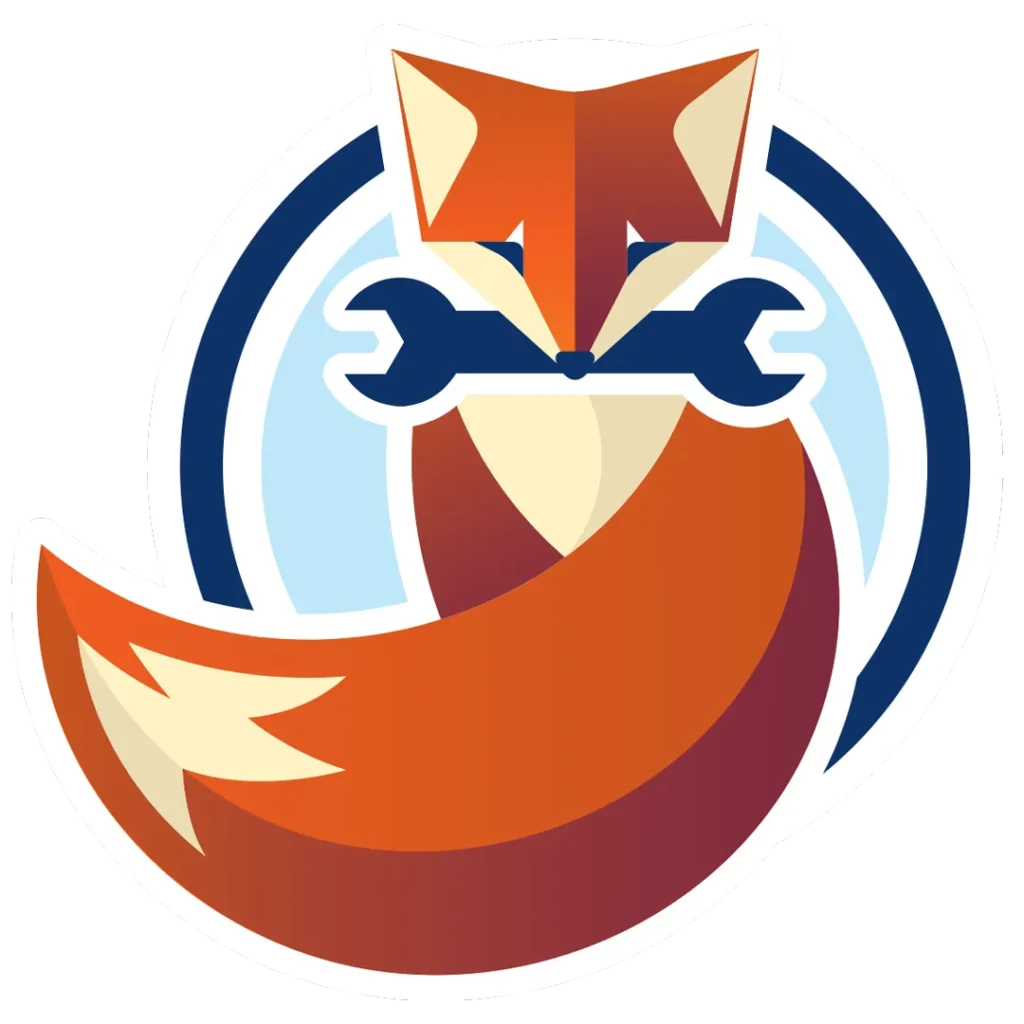 Illustration of a stylized fox holding a wrench in its mouth, with a circular blue background.