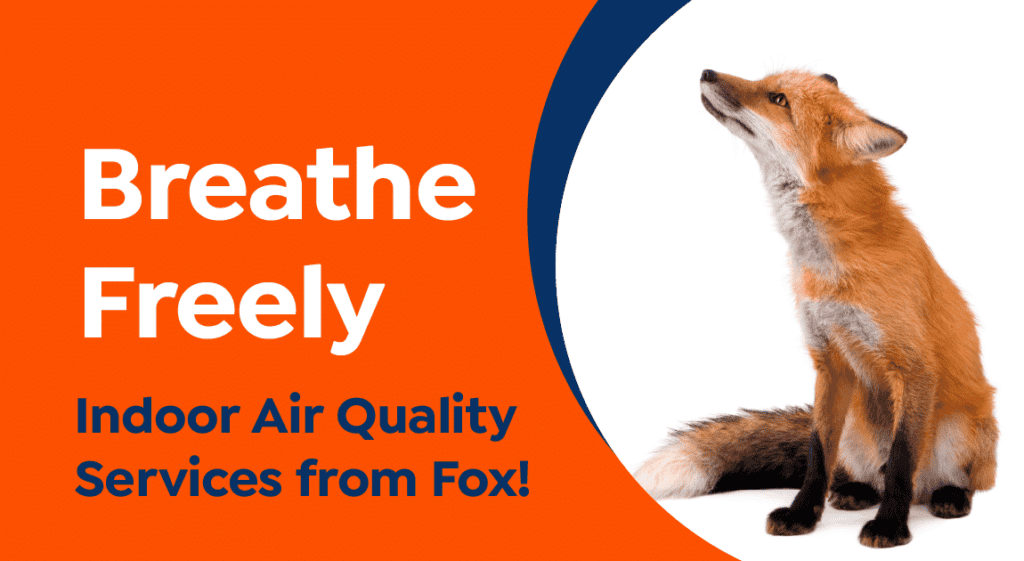 A fox sits and looks up on a white background with text reading "Breathe Freely. Indoor Air Quality Services from Fox!" on an orange and blue design, highlighting professional Air Quality Services for your home.