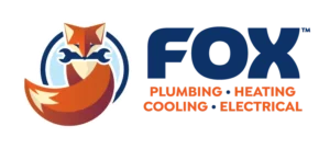 Logo featuring a fox holding two blue wrenches, next to text: "FOX Plumbing - Heating - Cooling - Electrical" with "Cooling" crossed out.