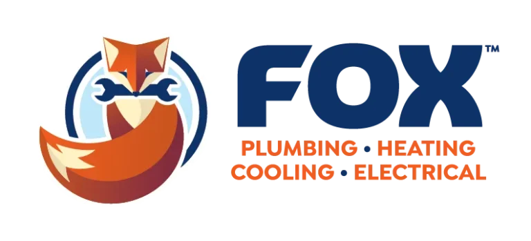 Logo featuring a fox holding two blue wrenches, next to text: "FOX Plumbing - Heating - Cooling - Electrical" with "Cooling" crossed out.