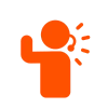 Solid orange icon of a person raising one arm, with three lines near the head indicating speaking or making sound.