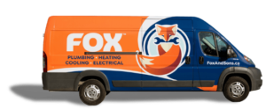 Orange and blue van featuring the Fox logo and text listing plumbing, heating, cooling, and electrical services, with website FoxAndSons.ca on the side.