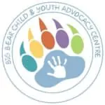 Logo of Big Bear Child & Youth Advocacy Centre showing a multicolored bear paw print with a small white handprint inside the palm, surrounded by the center's name in a circular border.