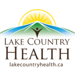 Lake Country Health logo with a stylized sun rising over mountains and a figure with raised arms, plus the website "lakecountryhealth.ca" below the name.
